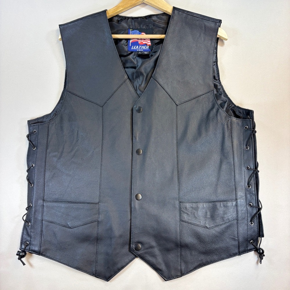 Leather U.S.A. Biker Vest Mens Large Black Side Lace Snap Front Motorcycle Club